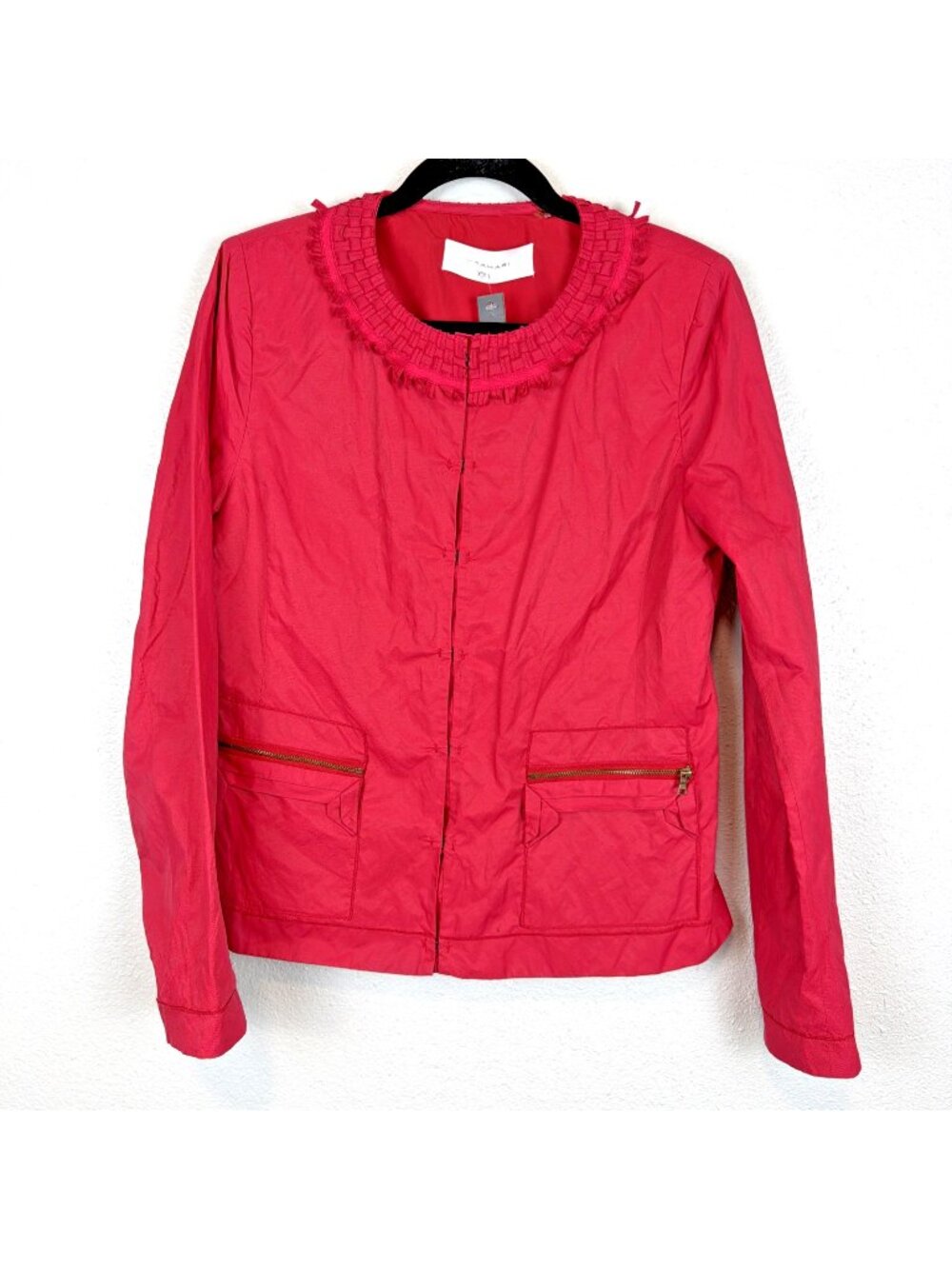 Tahari ASL Jacket Women 8 Red Cotton Blend Zip Front Ruffle Neck Career NWT Chic